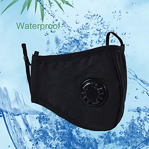 Irisvito Dust Cotton Cloth Mask, Washable Reusable Mask with Cord Locks Filter Element Breathing Valve Outdoor Sports Face Mask (Black, with 5 Filters)