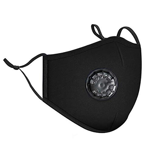 Irisvito Dust Cotton Cloth Mask, Washable Reusable Mask with Cord Locks Filter Element Breathing Valve Outdoor Sports Face Mask (Black, with 5 Filters)