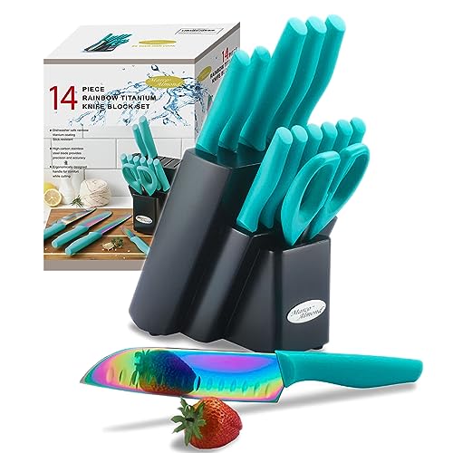 Rainbow Knife Block Set, 14-Piece Stainless Steel Kitchen Knives