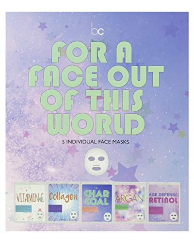 Beauty Concepts 5 Pack Face Mask, Face Sheet Masks Set Vitamin C, Collagen, Charcoal, Argan and Retinol Face Mask Kit and Gift Set, Facial Masks for Women