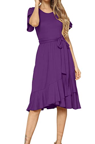 Women Plain Casual Flowy Midi Work Tunic Belt Dress Purple XL