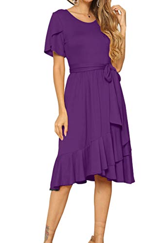 Women Plain Casual Flowy Midi Work Tunic Belt Dress Purple XL