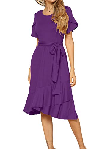 Women Plain Casual Flowy Midi Work Tunic Belt Dress Purple XL