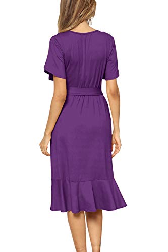 Women Plain Casual Flowy Midi Work Tunic Belt Dress Purple XL