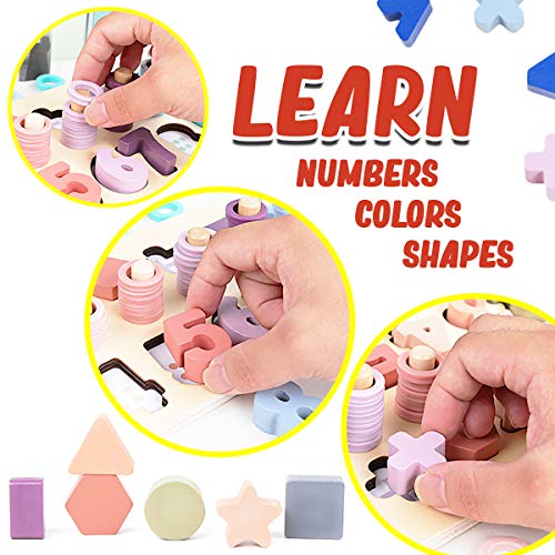 CozyBomB Wooden Number Puzzle for Kids - Montessori Toys for Toddlers Learning Age 3 4 5 Years Old - Wooden Counting Blocks Sorting Toys Shape Block Educational Toys Preschool Activities Stacking Toy