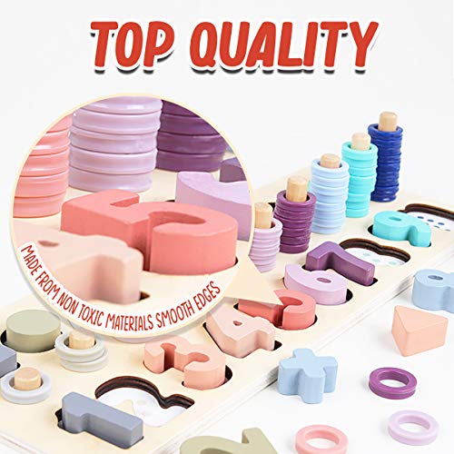 CozyBomB Wooden Number Puzzle for Kids - Montessori Toys for Toddlers Learning Age 3 4 5 Years Old - Wooden Counting Blocks Sorting Toys Shape Block Educational Toys Preschool Activities Stacking Toy