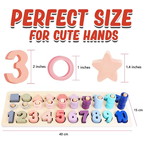 CozyBomB Wooden Number Puzzle for Kids - Montessori Toys for Toddlers Learning Age 3 4 5 Years Old - Wooden Counting Blocks Sorting Toys Shape Block Educational Toys Preschool Activities Stacking Toy