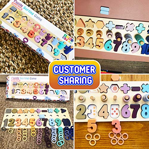 CozyBomB Wooden Number Puzzle for Kids - Montessori Toys for Toddlers Learning Age 3 4 5 Years Old - Wooden Counting Blocks Sorting Toys Shape Block Educational Toys Preschool Activities Stacking Toy