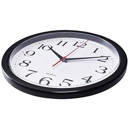 Bernhard Products Black Wall Clock Silent Non Ticking - 10 Inch Quality Quartz Battery Operated Round Easy to Read Home/Office/Classroom/School Clock