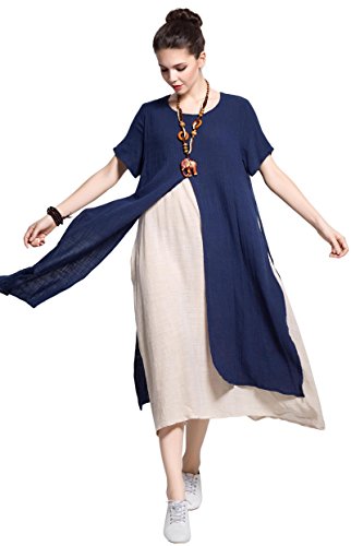 Navy Linen&Cotton Dress Spring Summer, Plus Size, Small