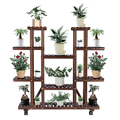 VIVOSUN Wood Plant Stand Plant Display Shelf Flower Rack Display for Indoor Outdoor Garden Lawn Patio Bathroom Office Living Room Balcony (9 Wood Shelves 17 Pots)