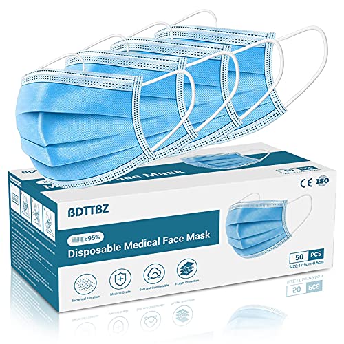 BDTTBZ Face Mask Medical Grade 50pcs, F+D=A BFE 95% Disposable Masks, 3-Layer with Adjustment Earloop and Nose Strip for Personal Care, Foldable Breathable Dust Mask for Adults