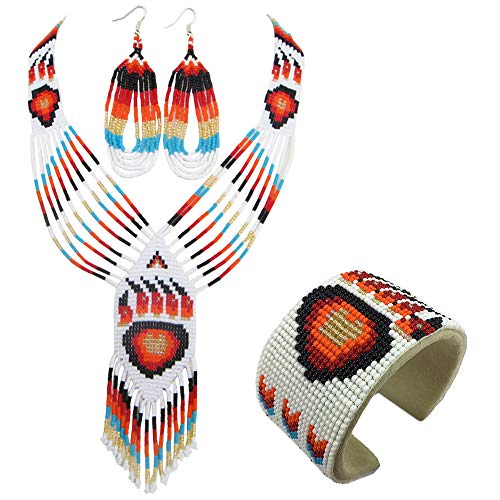 Handmade Beaded Jewelry Set White Red Necklace Earrings Bracelet (Red Bear Paw)