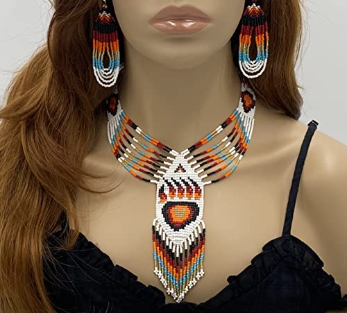 Handmade Beaded Jewelry Set White Red Necklace Earrings Bracelet (Red Bear Paw)