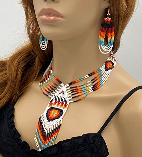 Handmade Beaded Jewelry Set White Red Necklace Earrings Bracelet (Red Bear Paw)