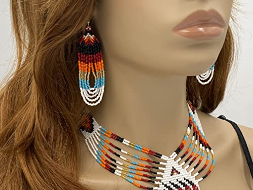 Handmade Beaded Jewelry Set White Red Necklace Earrings Bracelet (Red Bear Paw)