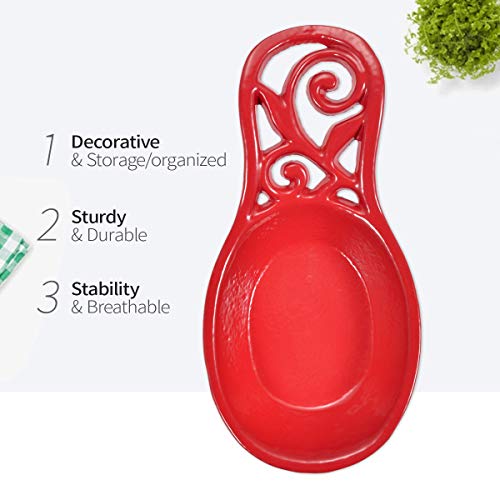 Kitchen Spoon Rest Cast Iron Utensil Rest Ladle Spoon Holder for Stove Top Cooking Home Decor-Red Color