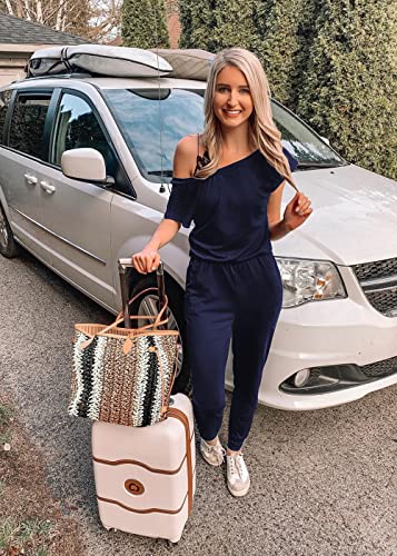 Women's Off Shoulder Elastic Waist Long Jumpsuit (Navy)