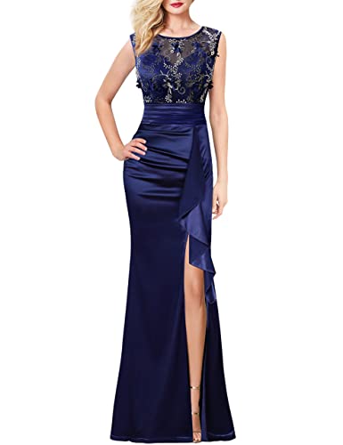 VFSHOW Womens Blue Floral Embroidered Formal Ruched Ruffles High Split Evening Gown Prom Wedding Party Maxi Long Dress 3708 BLU M