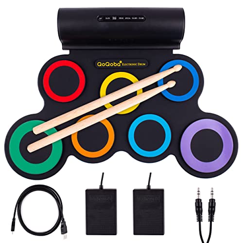 QoQoba Electronic Drum Set for Kids | Adult Beginner Pro MIDI Drum Practice Pad Kit Incl. Foldable Headphone | Drum Sticks | Great Holiday Birthday Gift for Kids Drum Set (RAINBOW)