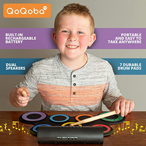 QoQoba Electronic Drum Set for Kids | Adult Beginner Pro MIDI Drum Practice Pad Kit Incl. Foldable Headphone | Drum Sticks | Great Holiday Birthday Gift for Kids Drum Set (RAINBOW)