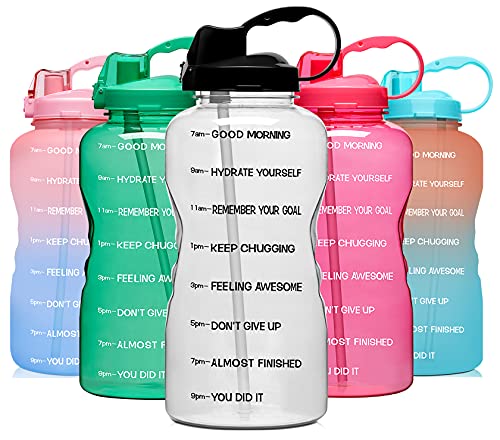 Venture Pal Large 1 Gallon/128 OZ (When Full) Motivational BPA Free Leakproof Water Bottle with Straw & Time Marker Perfect for Fitness Gym Camping Outdoor Sports-Clear-Black