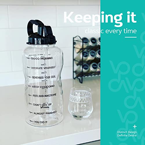 Venture Pal Large 1 Gallon/128 OZ (When Full) Motivational BPA Free Leakproof Water Bottle with Straw & Time Marker Perfect for Fitness Gym Camping Outdoor Sports-Clear-Black