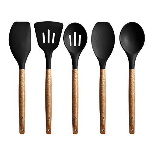 Miusco Non-Stick Silicone Kitchen Utensils Set with Natural Acacia Hard Wood Handle, 5 Piece, Black, BPA Free, Baking & Serving Silicone Cooking Utensils
