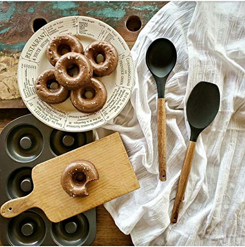 Miusco Non-Stick Silicone Kitchen Utensils Set with Natural Acacia Hard Wood Handle, 5 Piece, Black, BPA Free, Baking & Serving Silicone Cooking Utensils