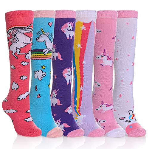 FNOVCO Girls Knee High Socks Cartoon Animal Patterns Cotton Over Calf Socks (6 Pairs Colour Unicorn)