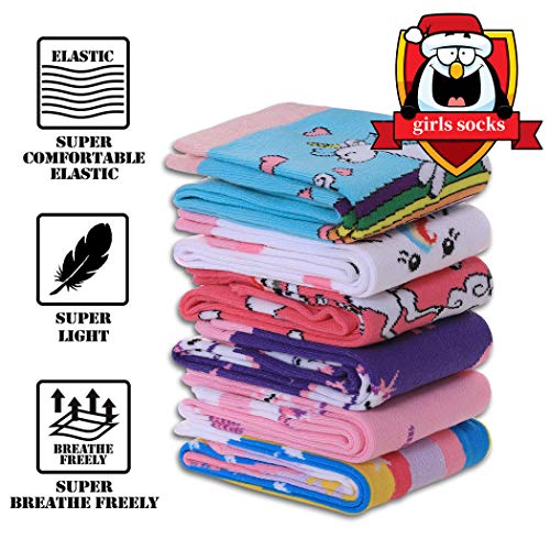 FNOVCO Girls Knee High Socks Cartoon Animal Patterns Cotton Over Calf Socks (6 Pairs Colour Unicorn)