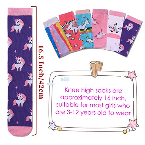 FNOVCO Girls Knee High Socks Cartoon Animal Patterns Cotton Over Calf Socks (6 Pairs Colour Unicorn)