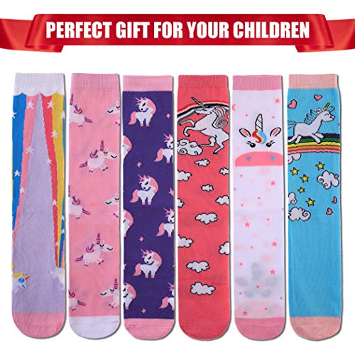 FNOVCO Girls Knee High Socks Cartoon Animal Patterns Cotton Over Calf Socks (6 Pairs Colour Unicorn)