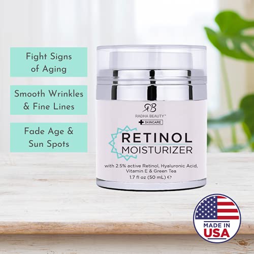 Radha Beauty Retinol Moisturizer Miracle Cream for Face - with Retinol, Hyaluronic Acid, Vitamin E and Green Tea. Best Night and Day Moisturizing Cream 1.7 fl oz.