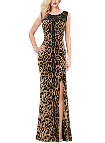 VFSHOW Womens Black Lace Brown Leopard Print Patchwork Ruched Ruffles High Split Casual Formal Evening Party Maxi Long Dress 3283 Leo XS