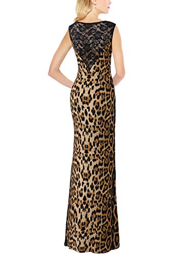 VFSHOW Womens Black Lace Brown Leopard Print Patchwork Ruched Ruffles High Split Casual Formal Evening Party Maxi Long Dress 3283 Leo XS