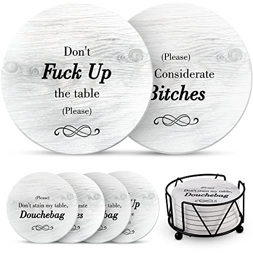Funny Coasters for Drinks with Holder - Absorbent Drink Coasters Set 6 Pcs - 3 Sayings - Housewarming Gifts for Friends - Men, Women Birthday - Cool Home Decor - Living Room, Kitchen, Bar Decorations
