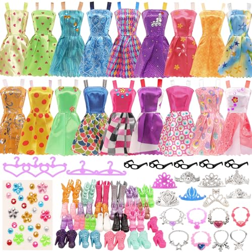 BARWA 32 pcs Doll Clothes and Accessories 10 pcs Party Dresses 22 pcs Shoes, Crown, Necklace Accessories for 11.5 inch Doll