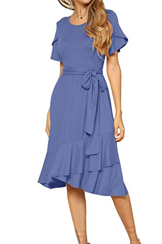 levaca Women Summer Short Sleeve Casual Flowy Midi Dress Light Blue L