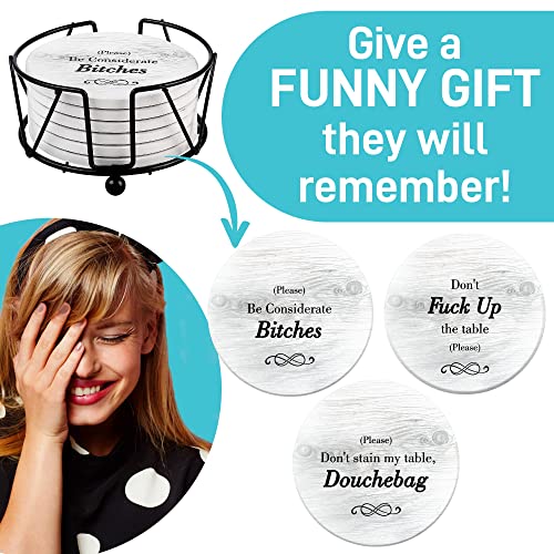 Funny Coasters for Drinks with Holder - Absorbent Drink Coasters Set 6 Pcs - 3 Sayings - Housewarming Gifts for Friends - Men, Women Birthday - Cool Home Decor - Living Room, Kitchen, Bar Decorations