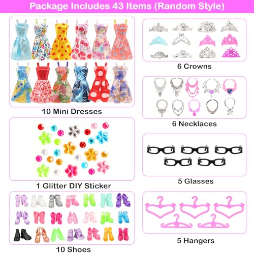 BARWA 32 pcs Doll Clothes and Accessories 10 pcs Party Dresses 22 pcs Shoes, Crown, Necklace Accessories for 11.5 inch Doll