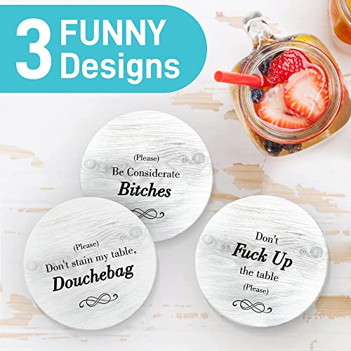Funny Coasters for Drinks with Holder - Absorbent Drink Coasters Set 6 Pcs - 3 Sayings - Housewarming Gifts for Friends - Men, Women Birthday - Cool Home Decor - Living Room, Kitchen, Bar Decorations