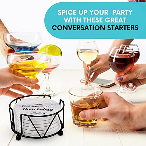 Funny Coasters for Drinks with Holder - Absorbent Drink Coasters Set 6 Pcs - 3 Sayings - Housewarming Gifts for Friends - Men, Women Birthday - Cool Home Decor - Living Room, Kitchen, Bar Decorations