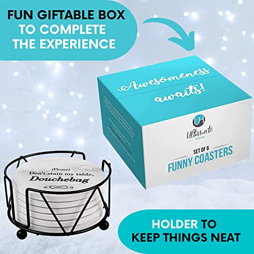 Funny Coasters for Drinks with Holder - Absorbent Drink Coasters Set 6 Pcs - 3 Sayings - Housewarming Gifts for Friends - Men, Women Birthday - Cool Home Decor - Living Room, Kitchen, Bar Decorations