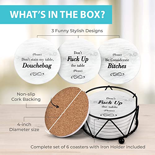 Funny Coasters for Drinks with Holder - Absorbent Drink Coasters Set 6 Pcs - 3 Sayings - Housewarming Gifts for Friends - Men, Women Birthday - Cool Home Decor - Living Room, Kitchen, Bar Decorations