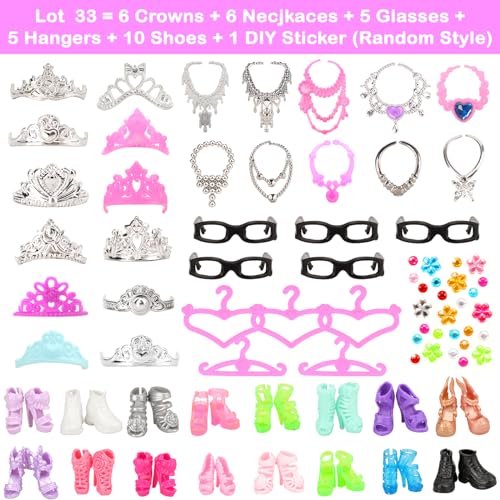 BARWA 32 pcs Doll Clothes and Accessories 10 pcs Party Dresses 22 pcs Shoes, Crown, Necklace Accessories for 11.5 inch Doll