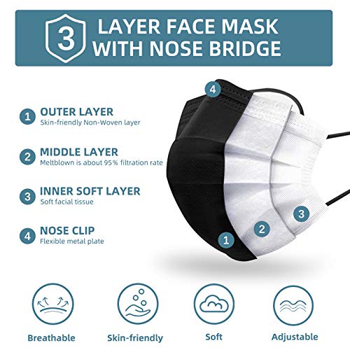 Black Face Mask Disposable Dust Mask, Face Covering Breathable Non-Woven Face Masks, Breathable Cool Masks with Earloop for Adult Men Women Indoor Outdoor, 3 Ply 50PCS