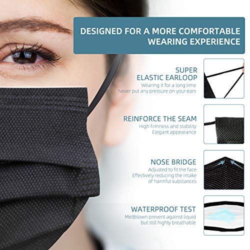 Black Face Mask Disposable Dust Mask, Face Covering Breathable Non-Woven Face Masks, Breathable Cool Masks with Earloop for Adult Men Women Indoor Outdoor, 3 Ply 50PCS