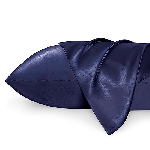 Bedsure Satin Pillowcase for Hair and Skin Queen - Navy Silk Pillowcase 2 Pack 20x30 inches - Satin Pillow Cases Set of 2 with Envelope Closure