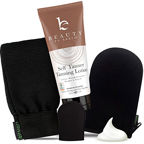 Self Tanner & Tanning Mitt Set - With Natural Tanning Lotion, Exfoliating Gloves, Self Tanner Mitt for Body and Face Tanner Tanning Mit, Best Self Tanning Lotion Kit for Your Self Tan and Fake Tan
